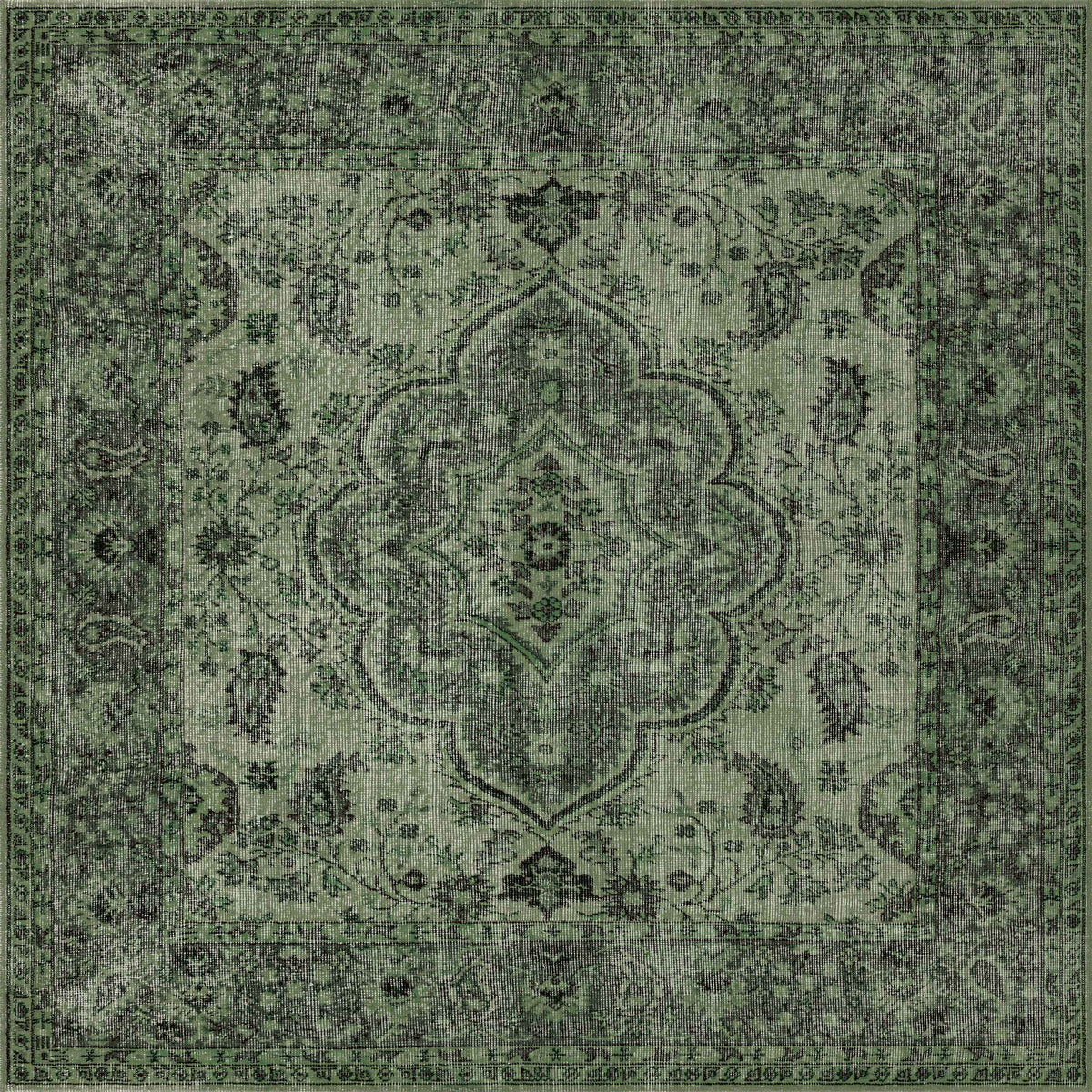 The Royal Vinework - Washable Rug - JRN1009 (Custom Size) is a rectangular green traditional rug with an intricate floral and paisley pattern, a central medallion, and ornate green and black borders.