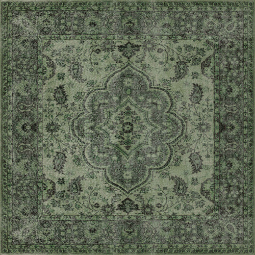 Load image 1 in gallery view. The Royal Vinework - Washable Rug - JRN1009 (Custom Size) is a rectangular green traditional rug with an intricate floral and paisley pattern, a central medallion, and ornate green and black borders.