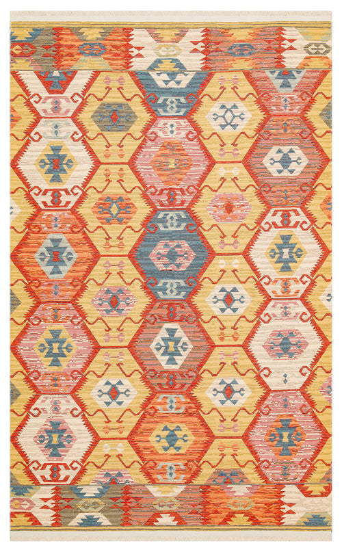 Load image 1 in gallery view. The Ruby Grain - Kilim - NMD06 features vibrant diamond and hexagon patterns in red, yellow, blue, and orange, arranged vertically with tribal motifs and crafted from flatwoven polyester.