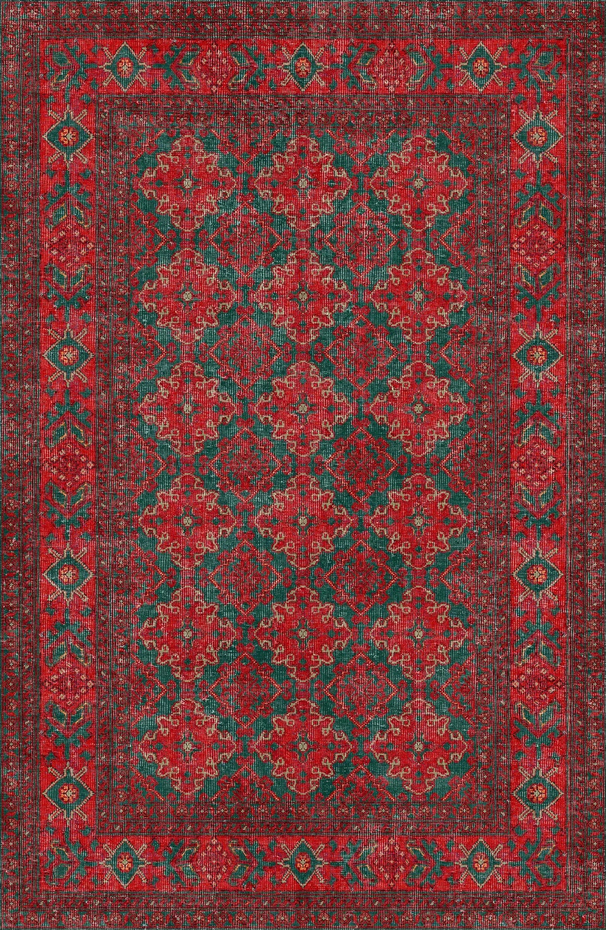 The Ruby Medallion - Washable Rug - JRN1031 (Custom Size) features an intricate geometric and floral pattern in red, green, and black, a decorative border, and elegant repeating motifs—perfect for high-traffic areas.