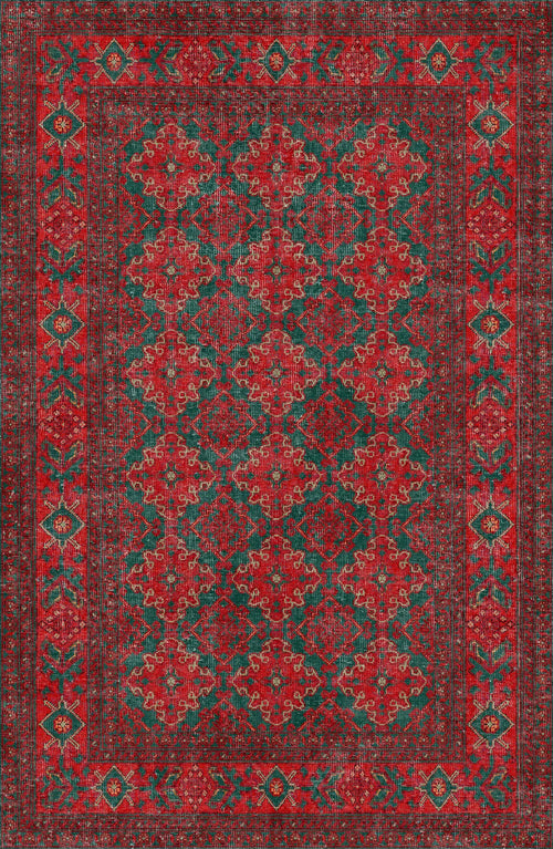 Load image 1 in gallery view. The Ruby Medallion - Washable Rug - JRN1031 (Custom Size) features an intricate geometric and floral pattern in red, green, and black, a decorative border, and elegant repeating motifs—perfect for high-traffic areas.