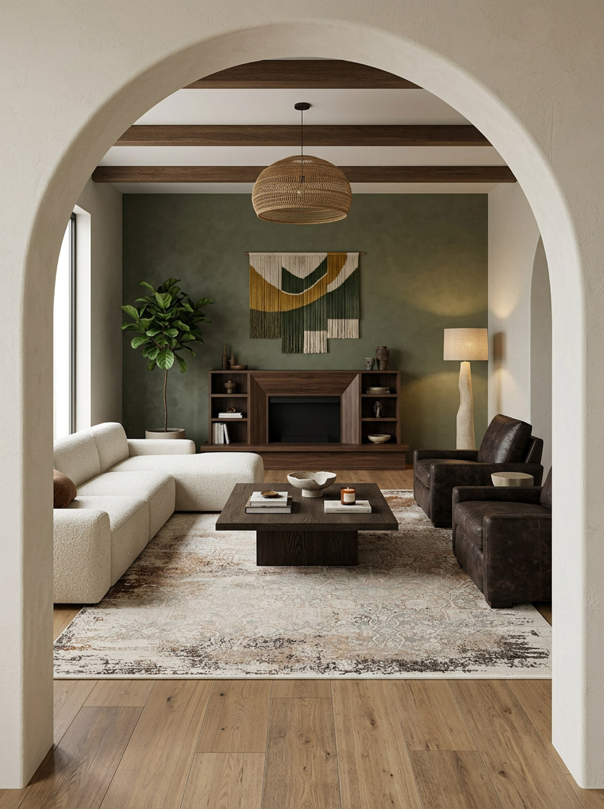 Distressed beige and brown traditional rug with a faded medallion pattern, styled in a modern living room.