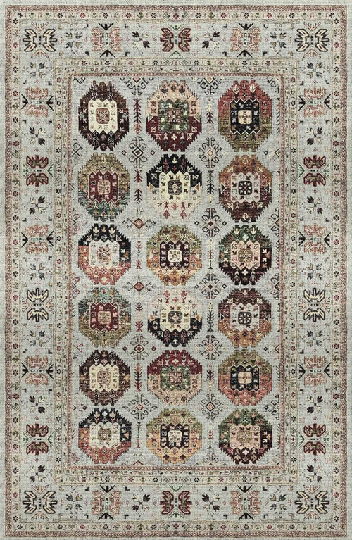 Load image 1 in gallery view. The Rust Mosaic - Washable Rug (JRN1036) features a rectangular Persian-style design with a light background, intricate geometric and medallion motifs in red, brown, beige, and green, framed by detailed floral and leaf borders.