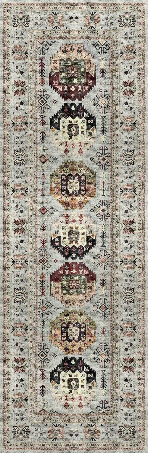 Load image 1 in gallery view. The Rust Mosaic - Washable Rug (JRN1036) features a rectangular tribal-ethnic design with symmetrical geometric shapes and intricate floral motifs in red, yellow, green, and black on a light beige background.