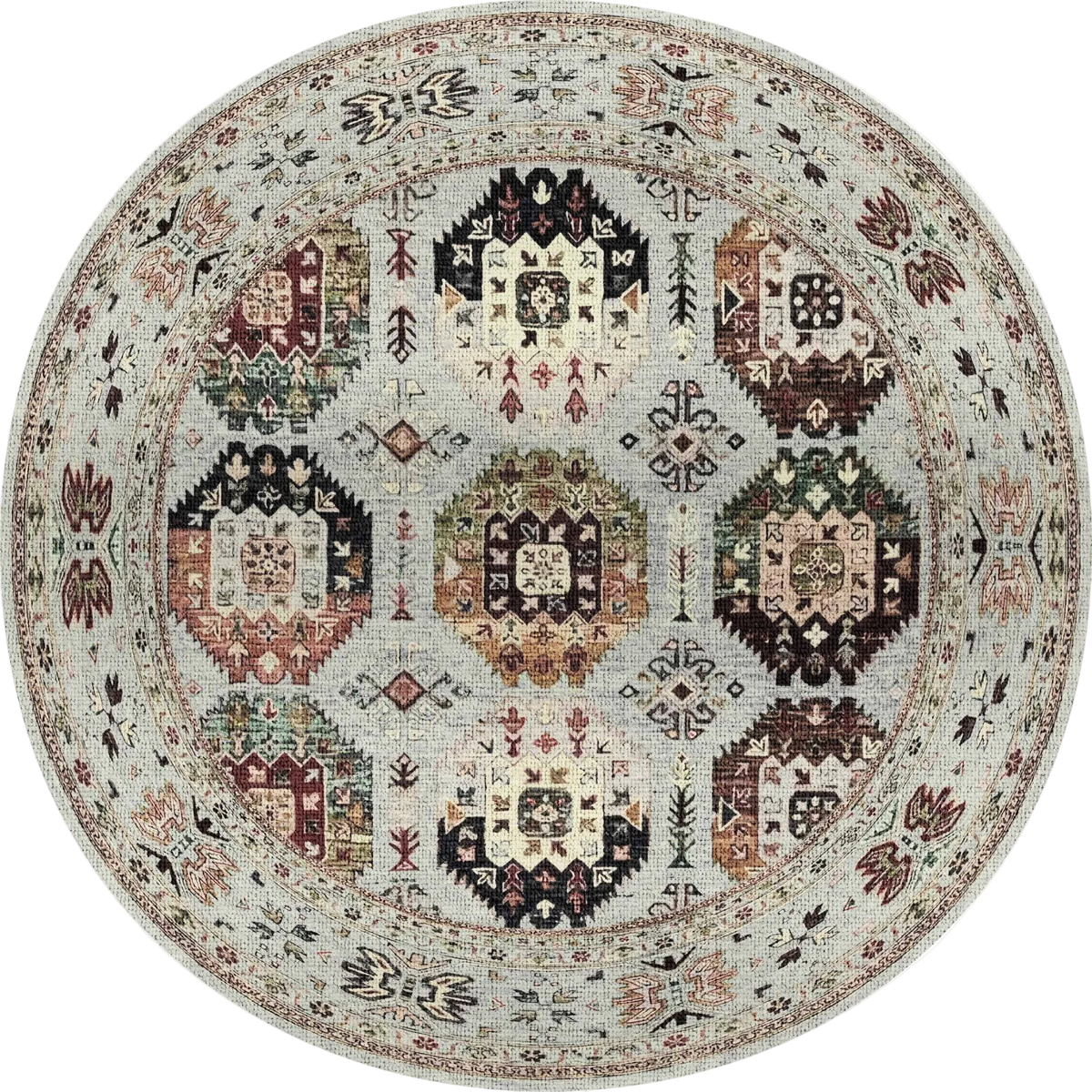 The Rust Mosaic - Washable Rug - JRN1036 is a round, multicolour rug with geometric and floral patterns in earthy beige, brown, green, and red tones arranged symmetrically with a decorative border—stylish and washable for any space.