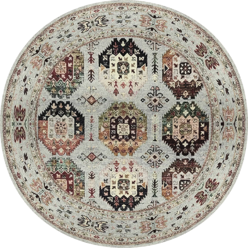 Load image 1 in gallery view. The Rust Mosaic - Washable Rug - JRN1036 is a round, multicolour rug with geometric and floral patterns in earthy beige, brown, green, and red tones arranged symmetrically with a decorative border—stylish and washable for any space.