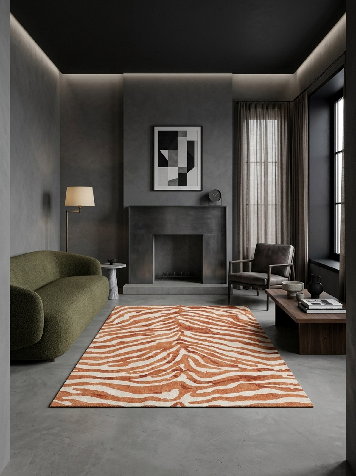 Rust and cream zebra-striped rug in a dark, modern living room with a green sofa.