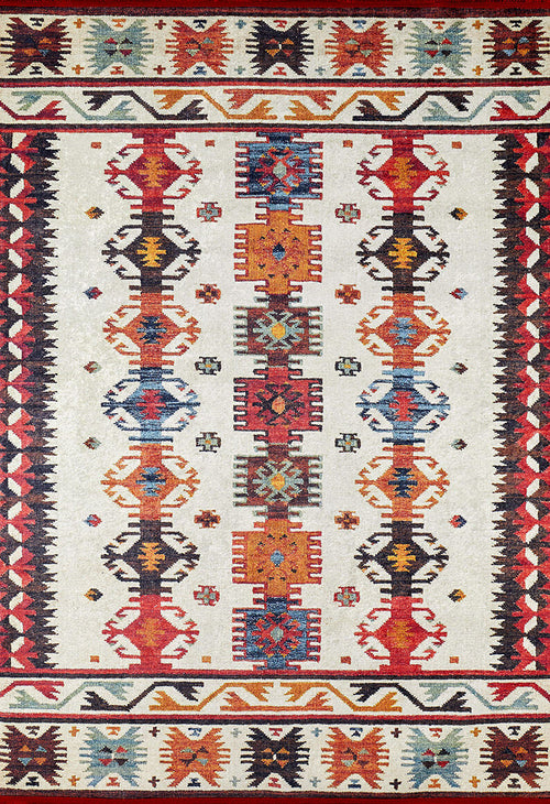 Load image 1 in gallery view. The Rustic Refrain - Washable Rug - JR149 (Custom Size) is a colorful rectangular flat weave with a geometric, tribal-inspired pattern in red, orange, blue, black, and beige tones and symmetrical motifs on a light background.