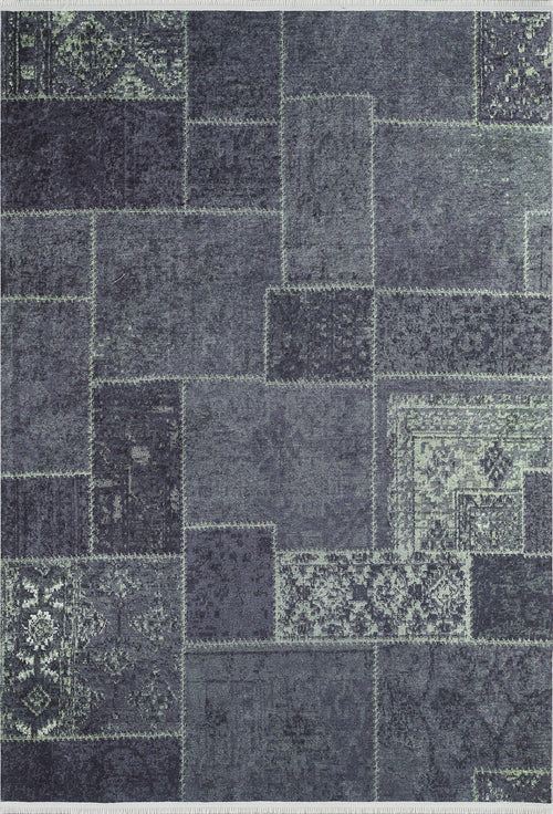 Load image 1 in gallery view. The Rustic Remix - Washable Rug - JR1710 (Custom Size) features a rectangular, patchwork design in blue and gray with varied patterns and textures—durable and washable, ideal for high-traffic areas.