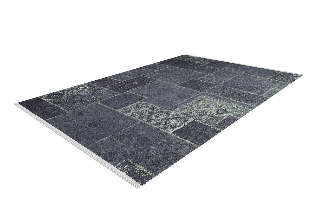 The Rustic Remix - Washable Rug - JR1710 (Custom Size) is a rectangular rug with a dark blue and gray patchwork design. Displayed on a white background, it features various patterns, subtle details, and is ideal for high-traffic areas.