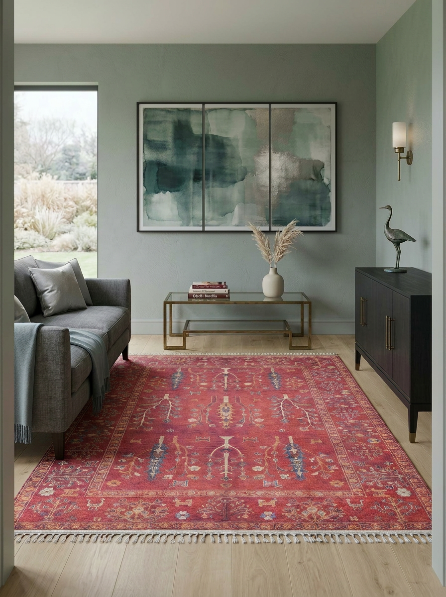 Red traditional rug with a distressed floral medallion pattern and fringe, styled in a sage green living room.