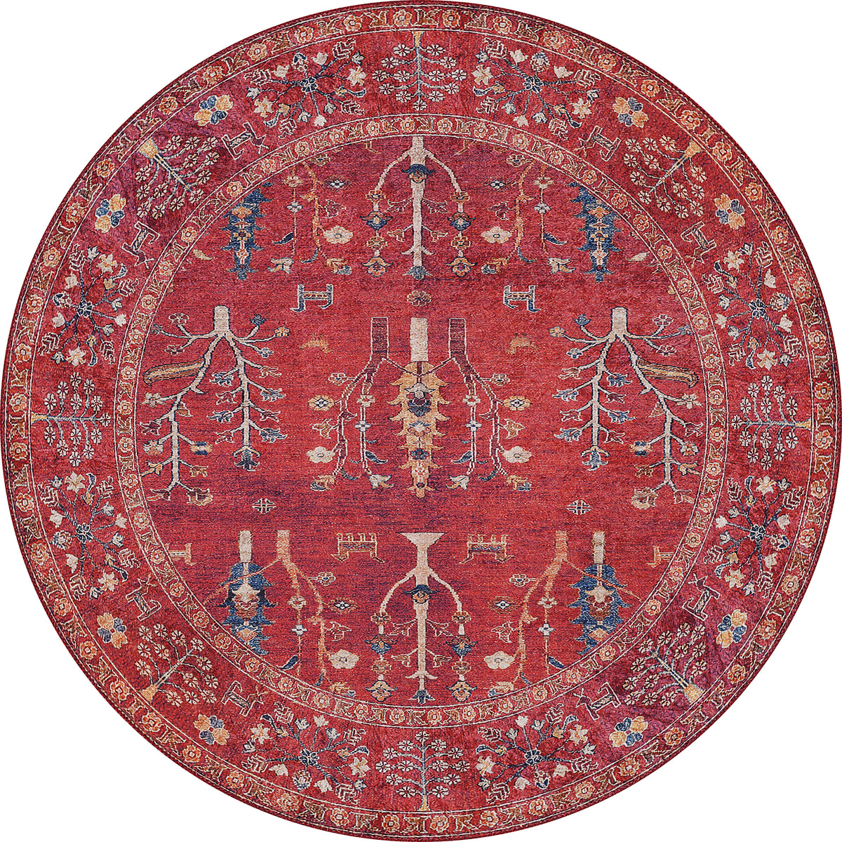 The Rustic Retreat - Washable Rug - JR5095 is a round, red rug with intricate floral and tree motifs in blue, yellow, and beige, bordered by ornate florals—ideal as a washable rug for high-traffic areas.