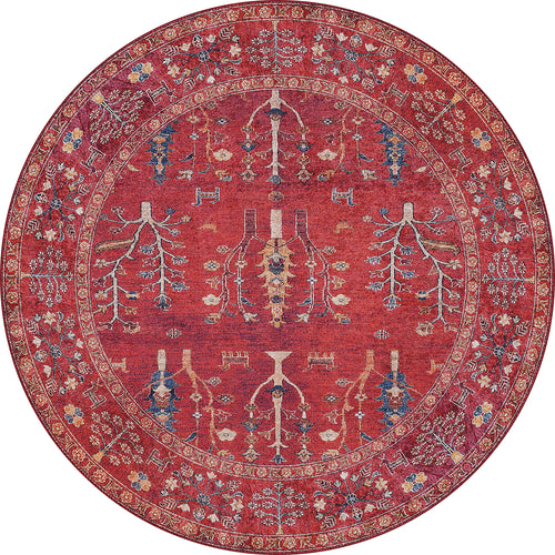 Load image 1 in gallery view. The Rustic Retreat - Washable Rug - JR5095 is a round, red rug with intricate floral and tree motifs in blue, yellow, and beige, bordered by ornate florals—ideal as a washable rug for high-traffic areas.
