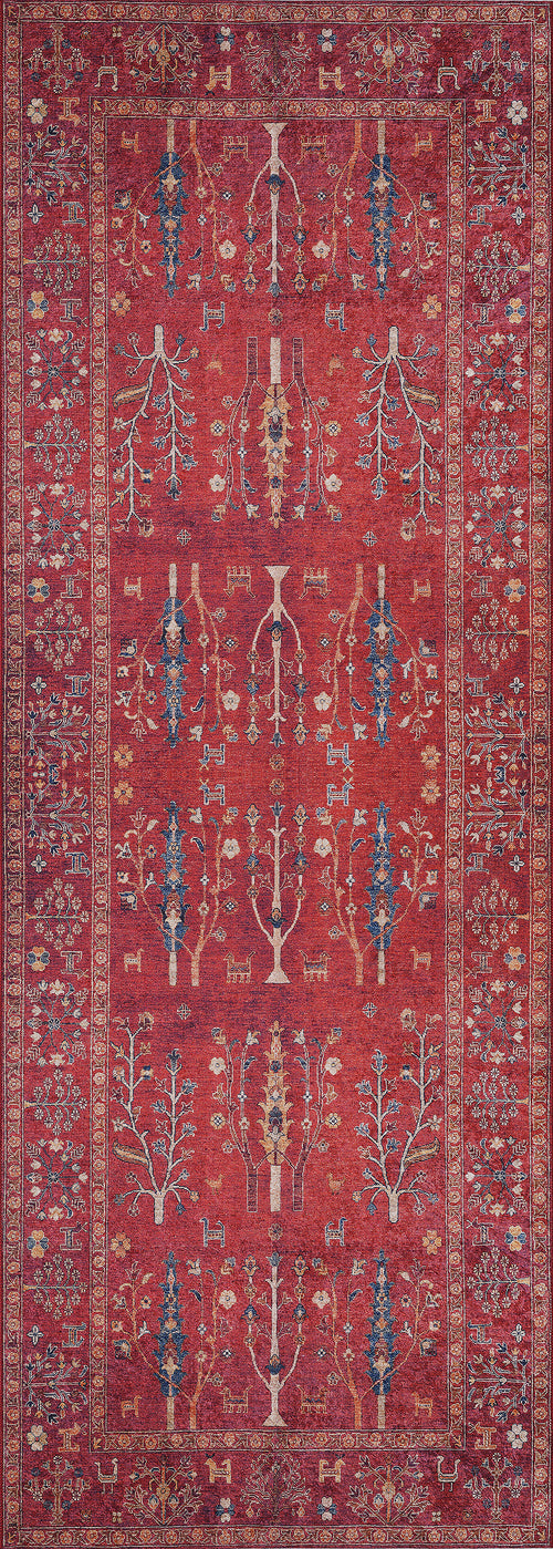 Load image 1 in gallery view. The Rustic Retreat - Washable Rug - JR5095 is a rectangular red rug with symmetrical tree, plant, and geometric patterns in blue, yellow, and cream plus a detailed border—ideal for high-traffic areas and easy to clean.