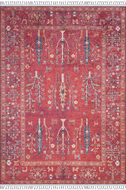 Load image 1 in gallery view. The Rustic Retreat - Washable Rug - JR5095 (Custom Size) is a rectangular red rug with floral and vine patterns in blue, gold, and cream, plus a decorative border and white fringes—perfect for high-traffic areas and easy to clean.