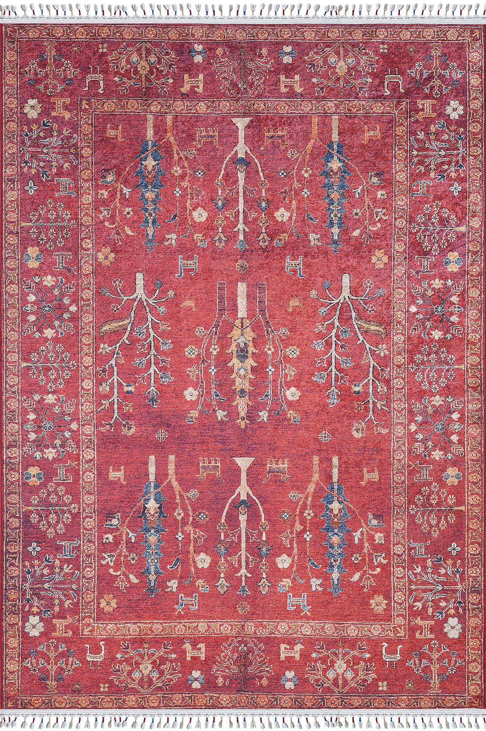 The Rustic Retreat - Washable Rug - JR5095 (Custom Size) is a rectangular red rug with floral and vine patterns in blue, gold, and cream, plus a decorative border and white fringes—perfect for high-traffic areas and easy to clean.