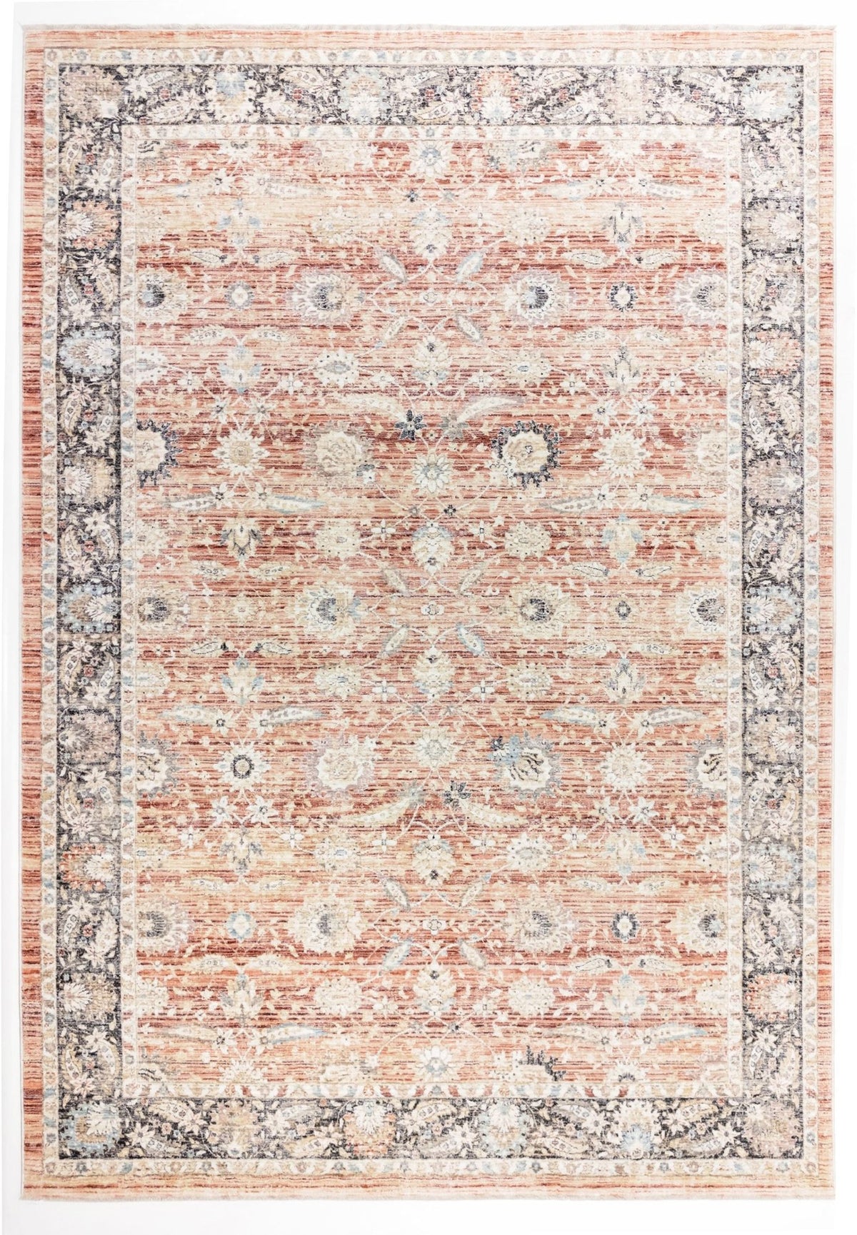 The Rustic Bloom - Area Rug - APX2961 is a rectangular Persian vintage rug with a faded antique look, featuring an intricate floral pattern in cream, blue, and muted red tones, framed by a blue and cream floral border.