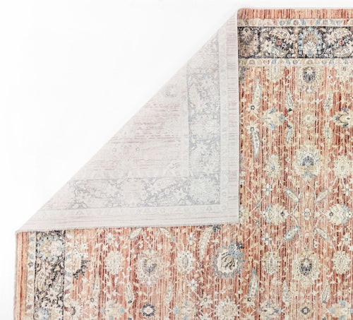 Load image 1 in gallery view. The Rustic Bloom - Area Rug - APX2961 features beige, blue, and cream floral motifs on a rust background, with a flipped corner revealing its lighter underside—ideal as a vintage Persian-inspired accent for your space.