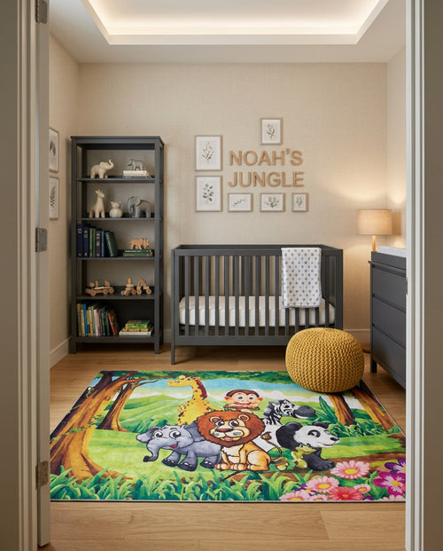 Load image 1 in gallery view. Colorful jungle-themed rug with cartoon animals in a nursery with a grey crib and yellow pouf.