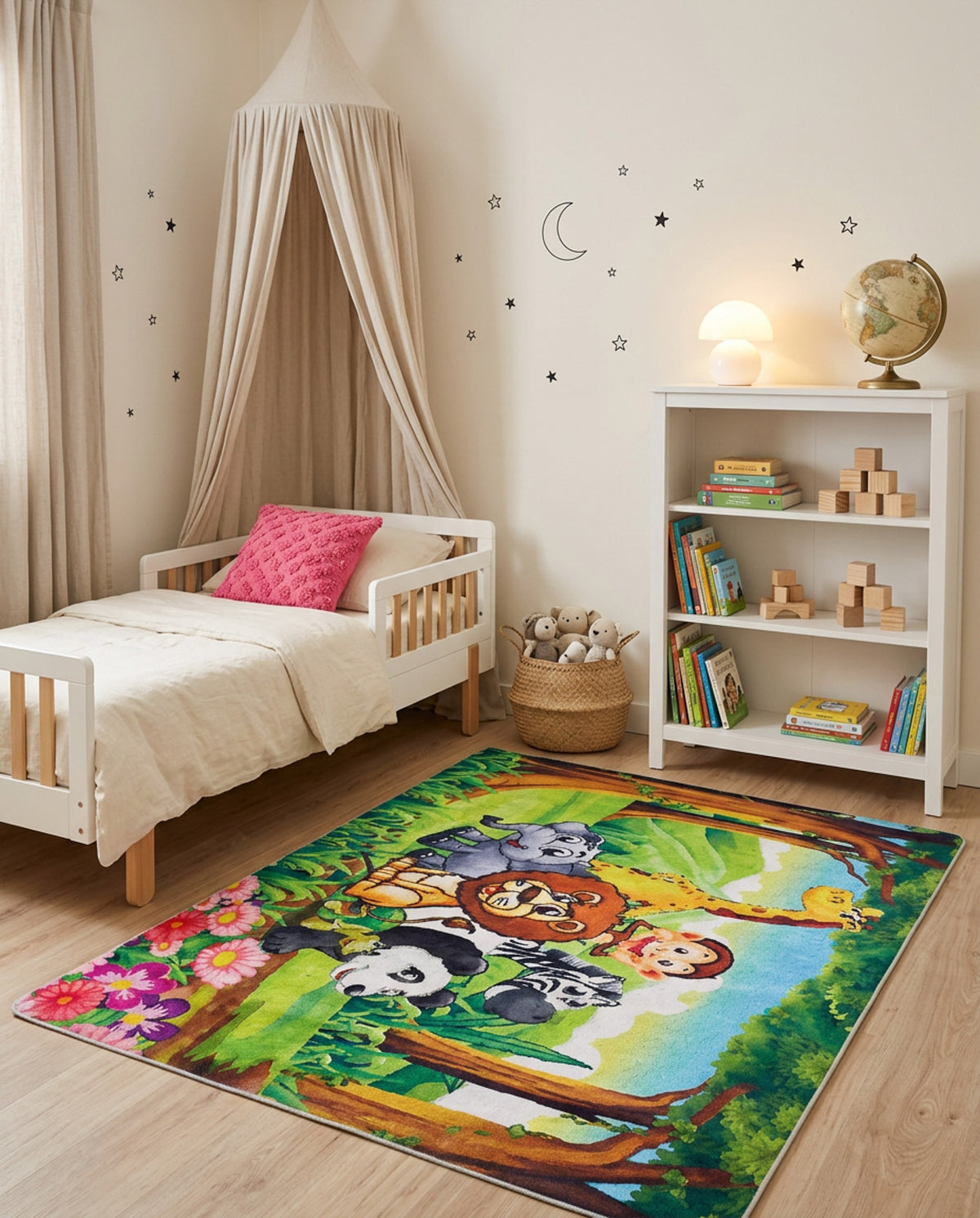 Jungle-themed rug with illustrated animals in a children's bedroom.