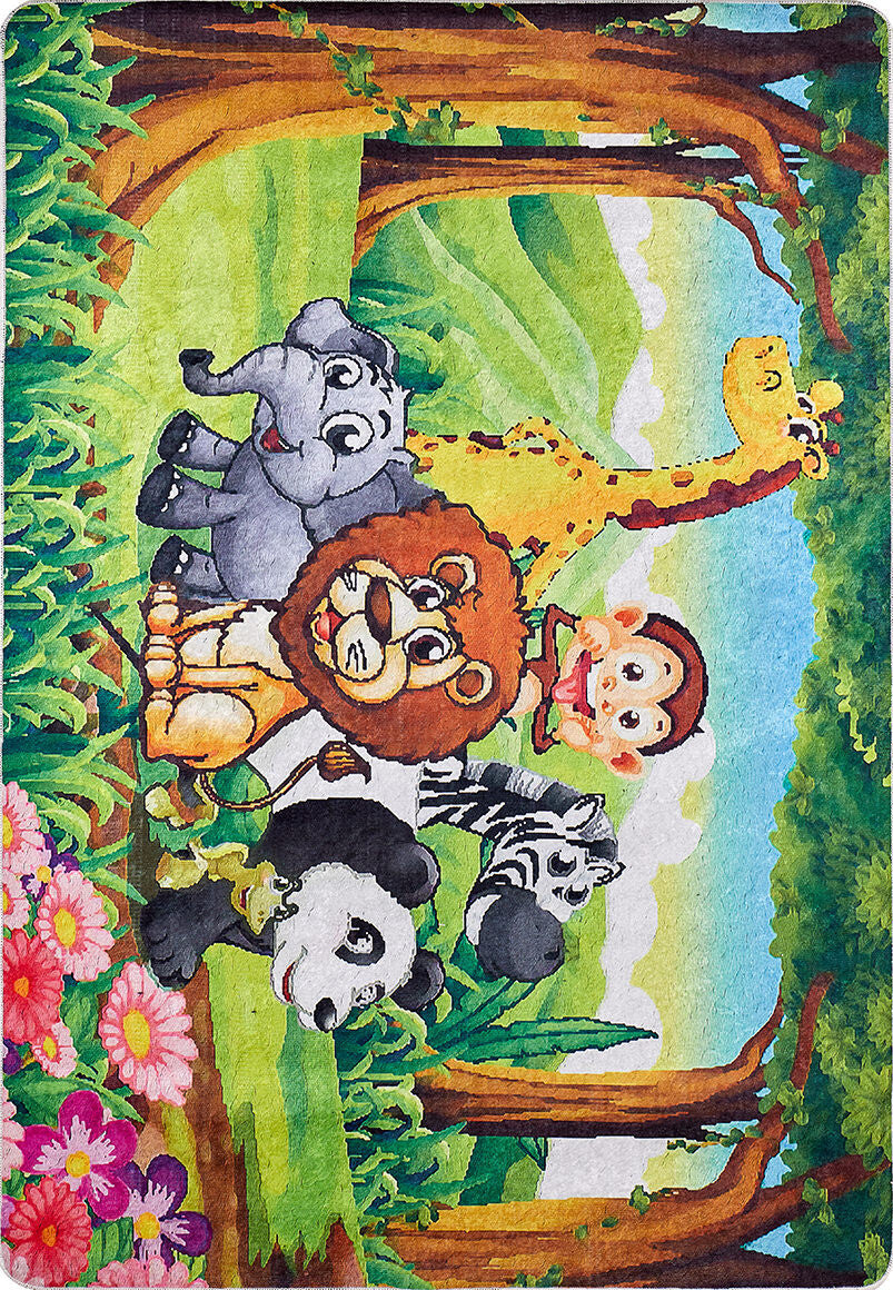 Safari Buddies - Machine-Washable Rug JRC041 (Custom Size) features a vibrant cartoon lion, elephant, giraffe, monkey, panda, and zebra smiling together in a lush jungle, perfect for high-traffic areas.