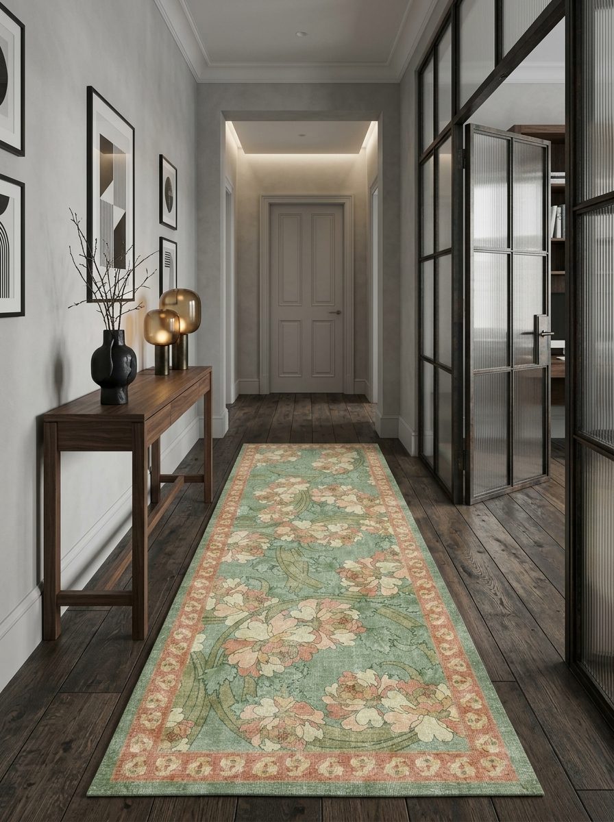 Sage green runner rug with a floral pattern and peach border, styled in a modern hallway with dark wood floors.