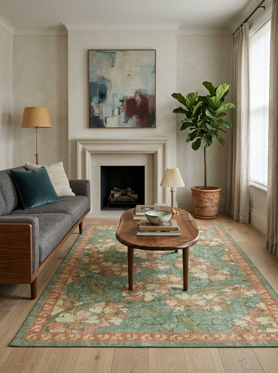 Sage green rug with a pink floral pattern and border, styled in a living room with a grey sofa and wood coffee table.