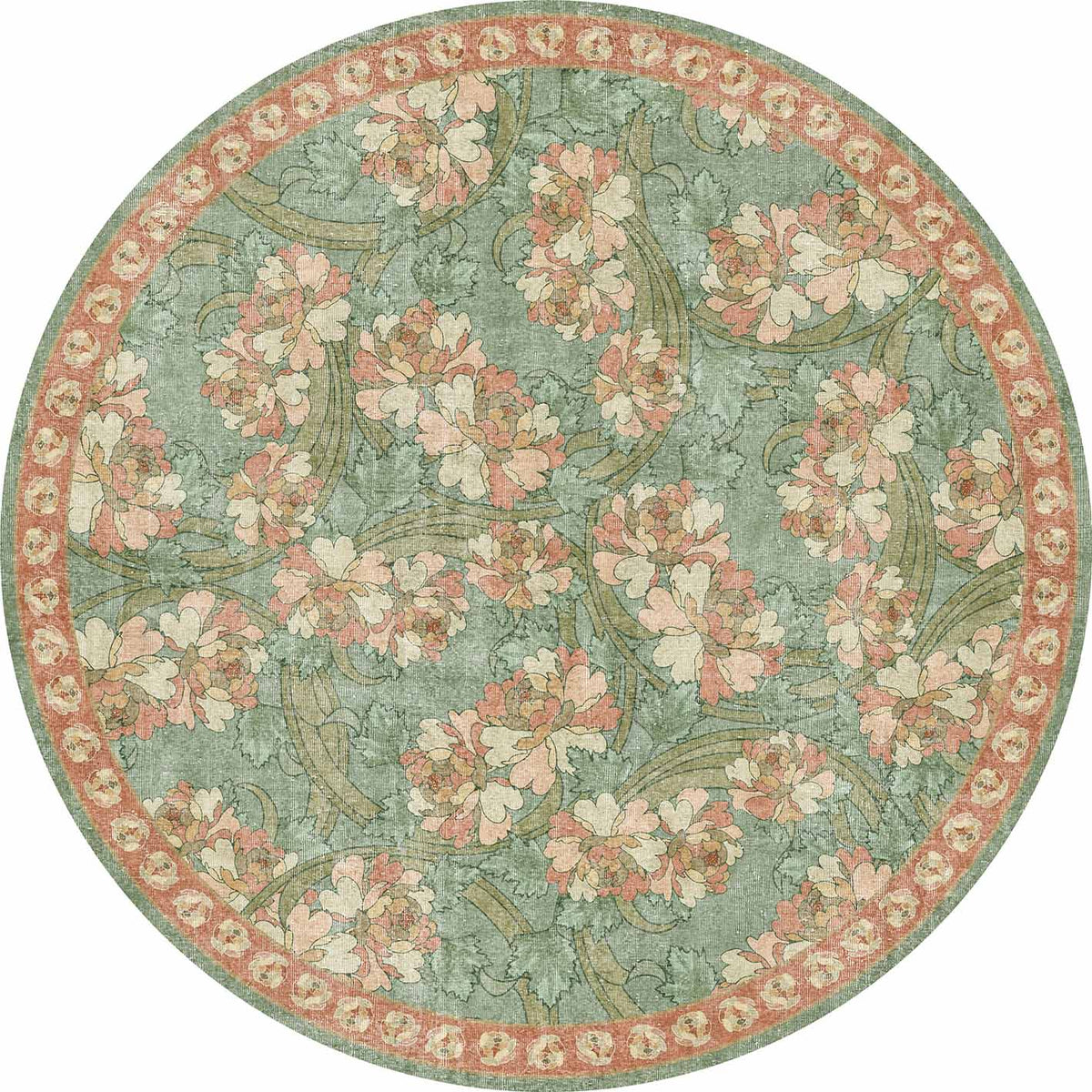 Round sage green rug featuring a pink and cream floral pattern with a decorative circular border.
