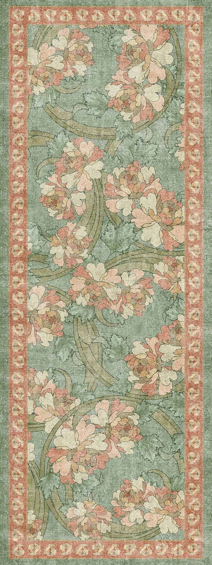 Sage green runner rug with a coral floral pattern and a decorative border.