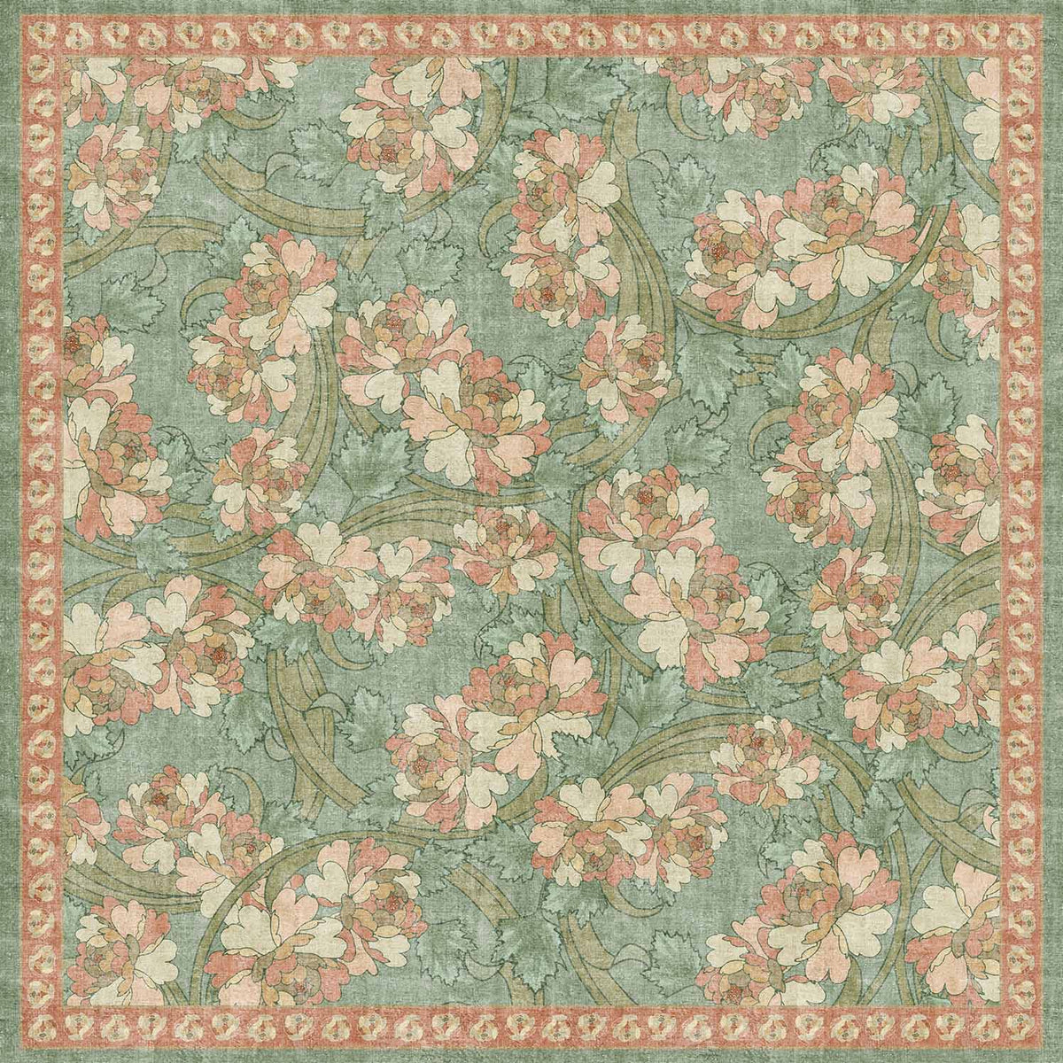 Sage green rug with a pink floral pattern and a decorative border.