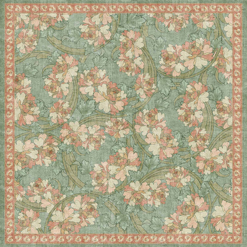 Load image 1 in gallery view. Sage green rug with a pink floral pattern and a decorative border.