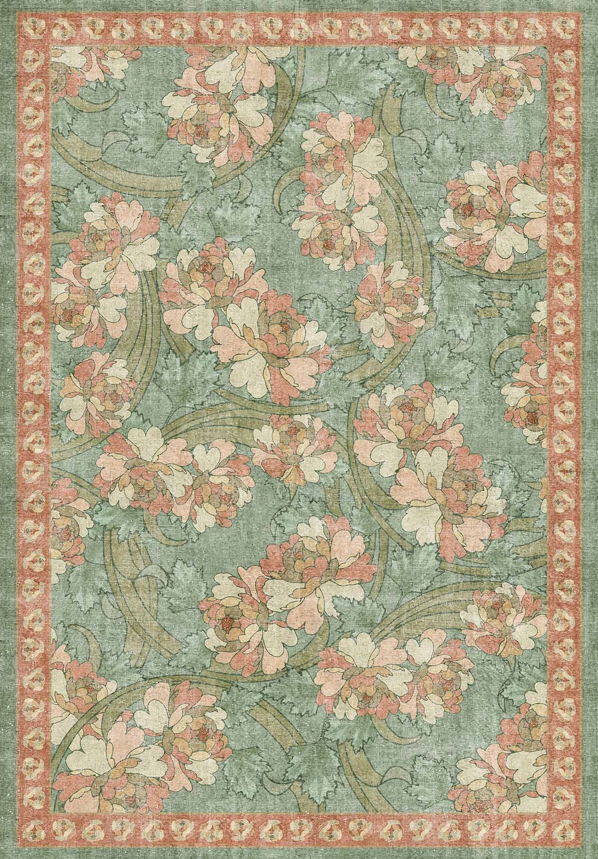 Sage green rug with a pink floral pattern and a decorative border, featuring a distressed, vintage-inspired finish.