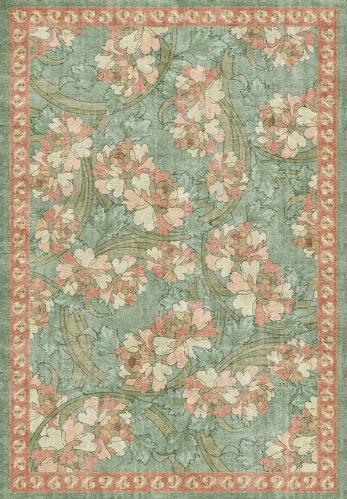 Load image 1 in gallery view. Sage green rug with a pink floral pattern and a decorative border, featuring a distressed, vintage-inspired finish.