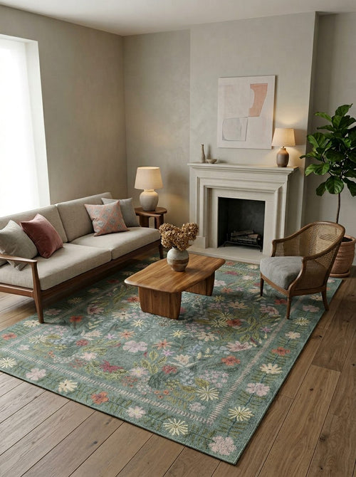 Load image 1 in gallery view. Sage green rug with a multi-colored floral pattern and border, styled in a neutral living room.