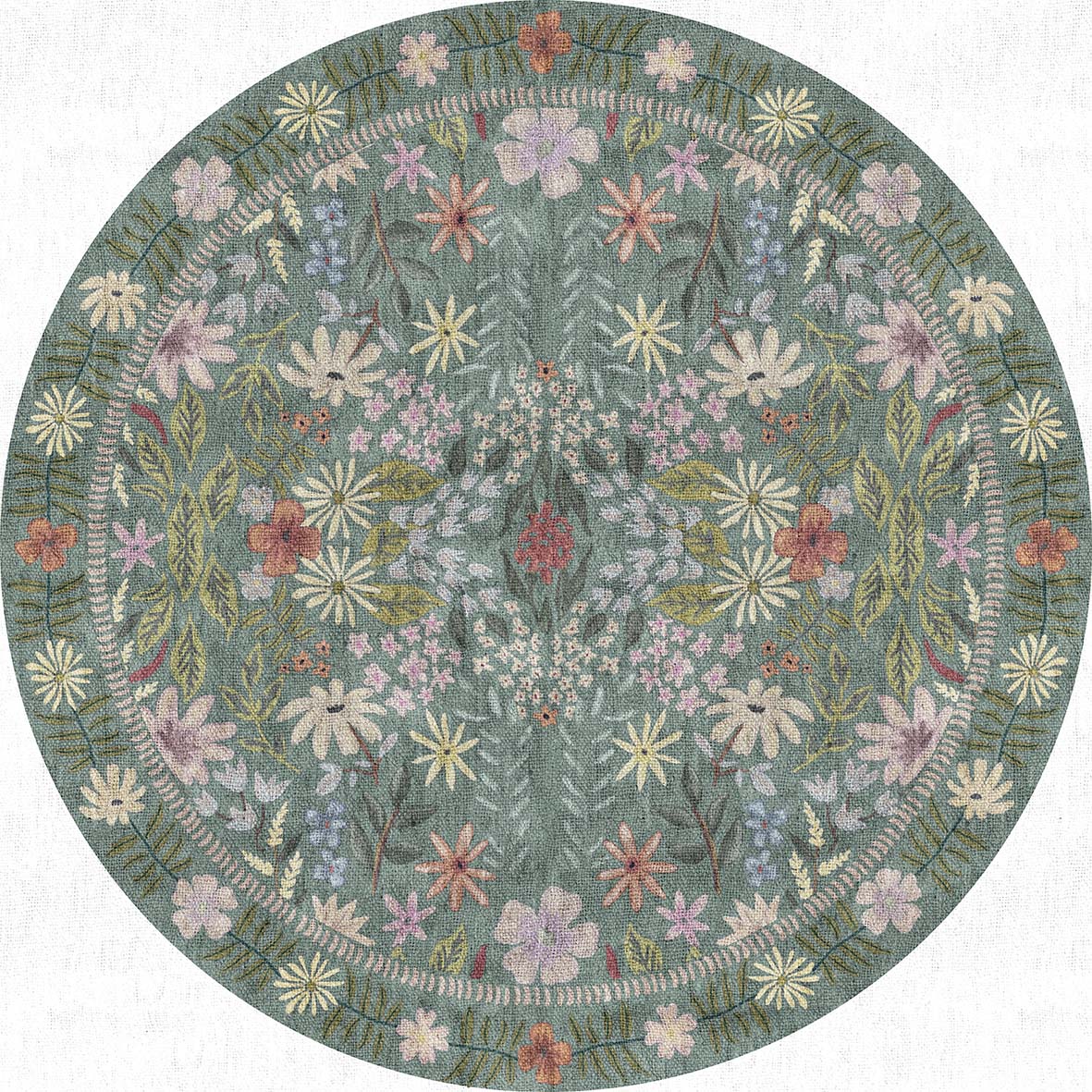 Round sage green rug featuring a symmetrical floral pattern with pink, yellow, and blue blossoms on a white background.