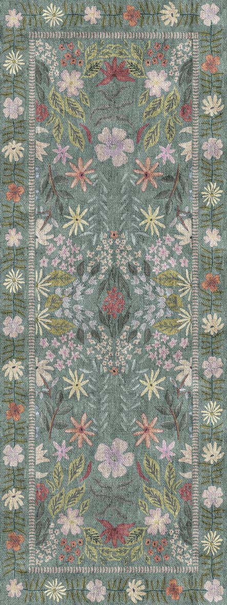 Load image 1 in gallery view. Sage green runner rug with a floral botanical pattern and a delicate vine border.
