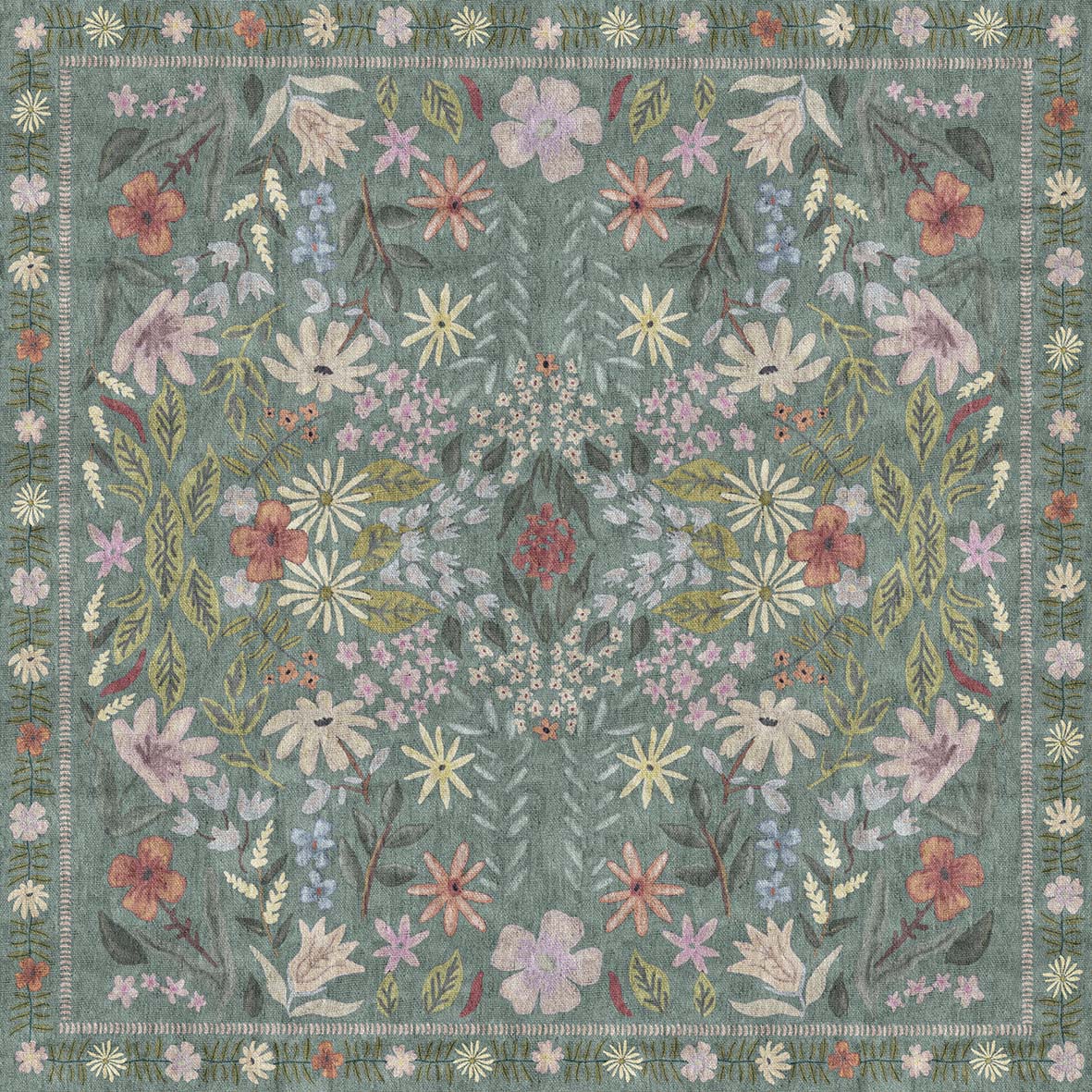 Sage green rug with a symmetrical floral pattern in muted pink, yellow, and cream, featuring a decorative border.
