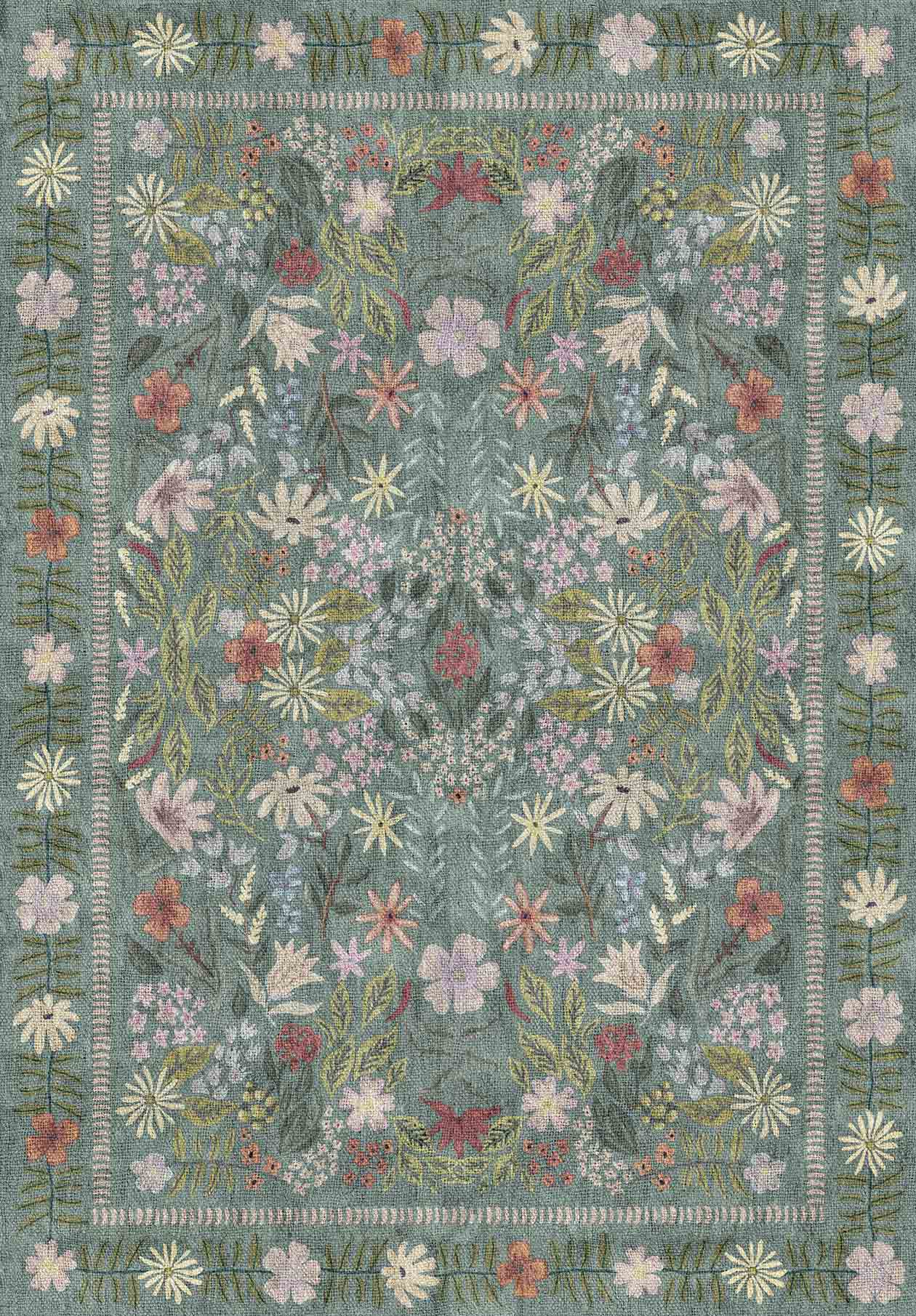 Sage green rug with a floral botanical pattern in pink, cream, and olive, featuring a decorative vine border.