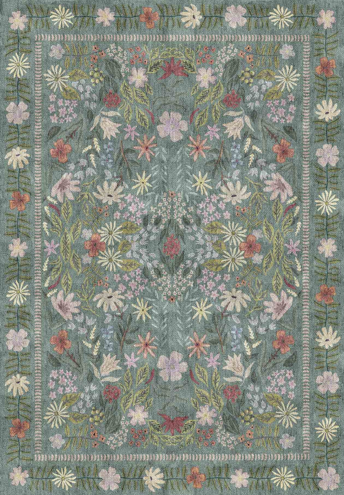 Sage green rug with a floral botanical pattern in pink, cream, and olive, featuring a decorative vine border.