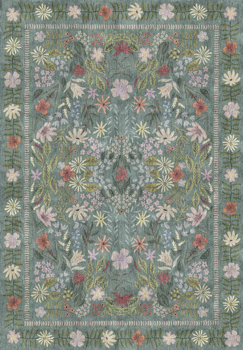 Load image 1 in gallery view. Sage green rug with a floral botanical pattern in pink, cream, and olive, featuring a decorative vine border.