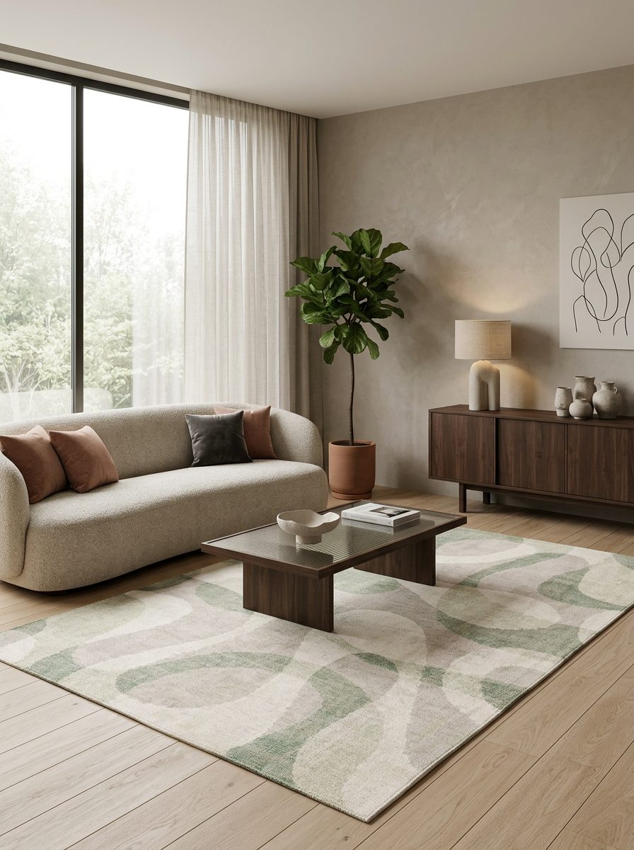 Sage green and cream rug with an abstract wavy pattern, styled in a modern living room.