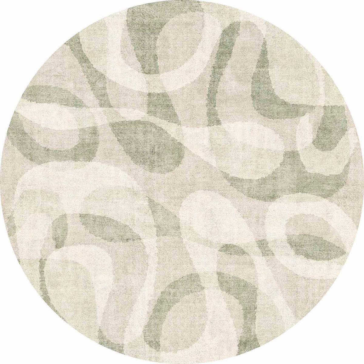 Round rug with a sage green and cream abstract organic swirl pattern on a white background.