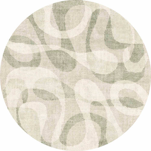 Bild 1 in Galerieansicht laden. Round rug with a sage green and cream abstract organic swirl pattern on a white background.