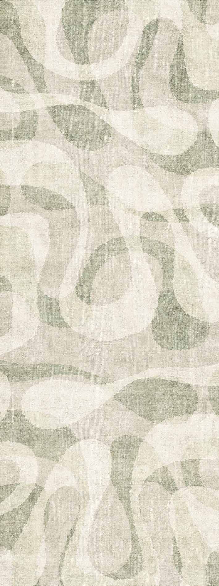 Sage green and cream rug with an abstract, overlapping organic wave pattern.