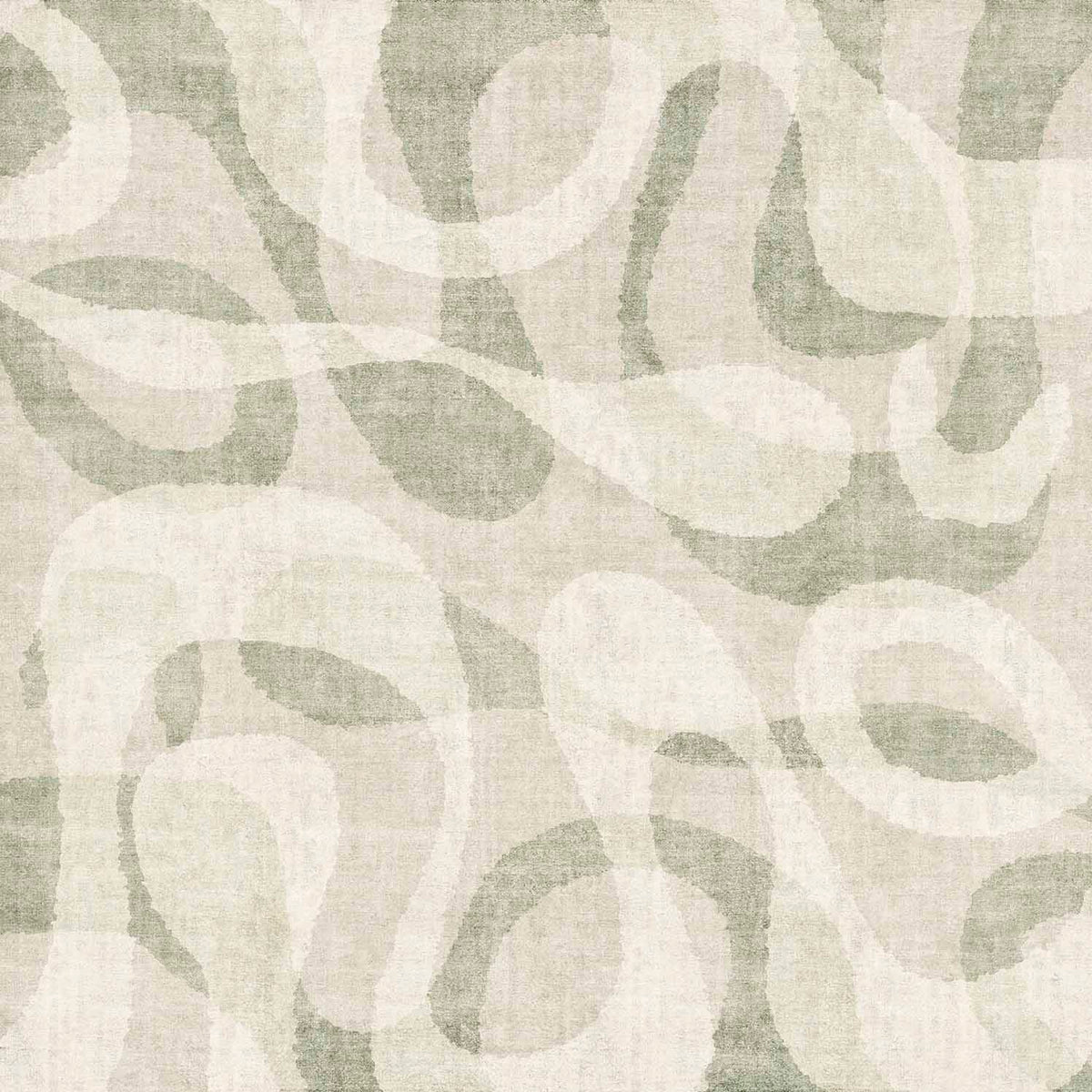 Sage green and cream rug with an abstract, overlapping organic swirl pattern.