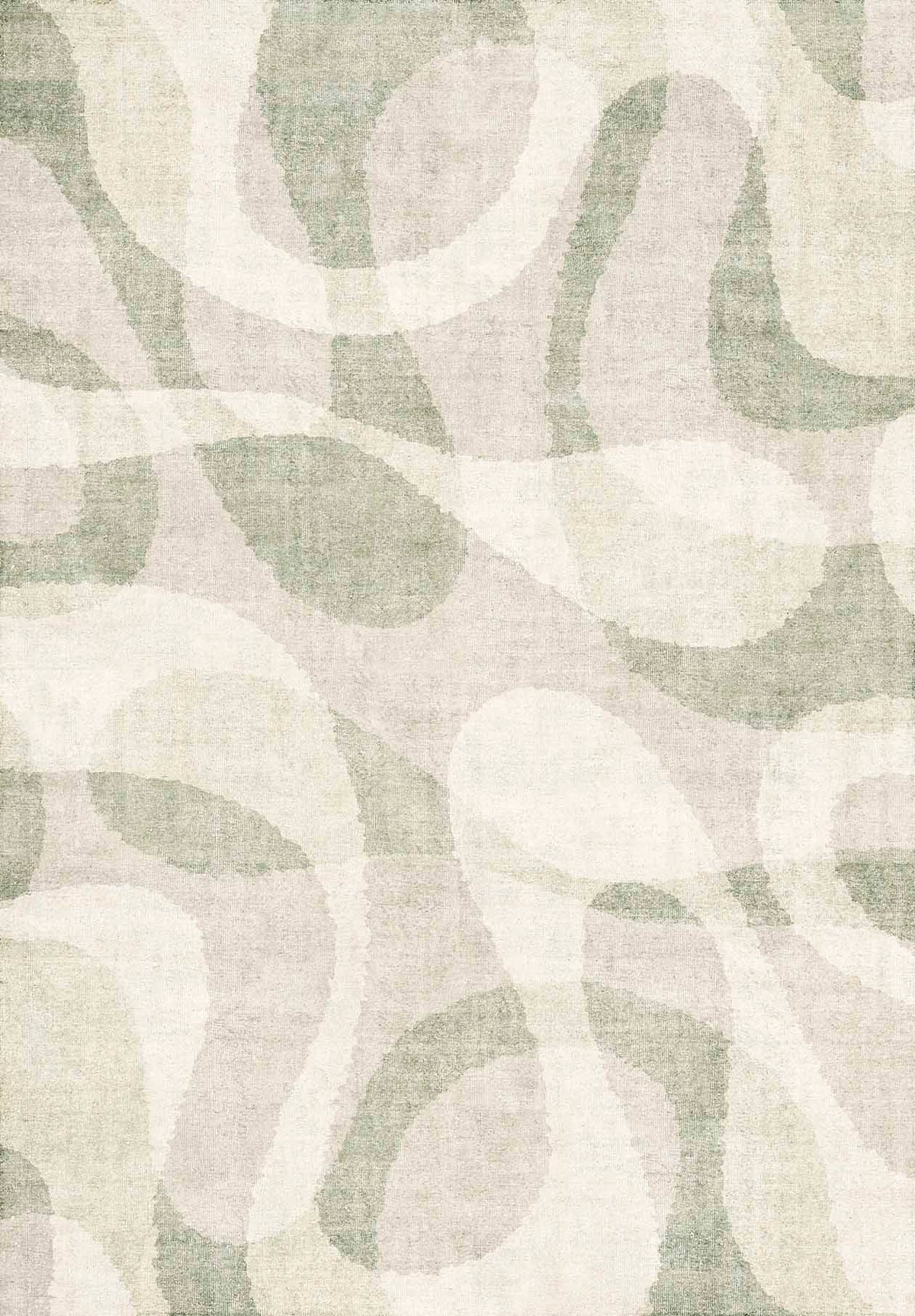Sage green and cream rug with an abstract, overlapping organic wave pattern.