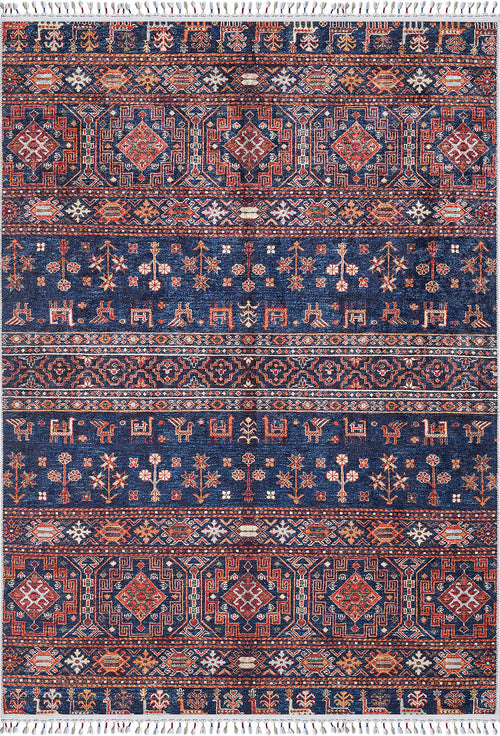 Load image 1 in gallery view. The Sahara Sunrise - Washable Rug - JR5091 (Custom Size) features intricate geometric and floral patterns in red, white, and orange on dark blue. Its durable, washable design with repeating rows and fringed edges is perfect for high-traffic areas.