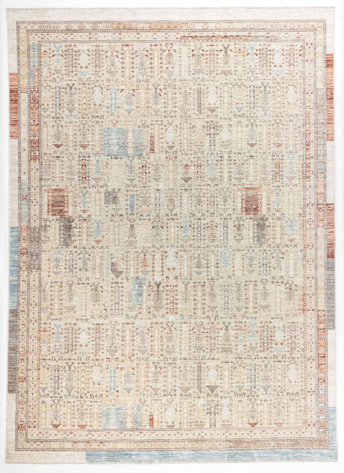 Beige area rug with a distressed, multi-colored geometric tribal pattern and a bordered edge on a white background.