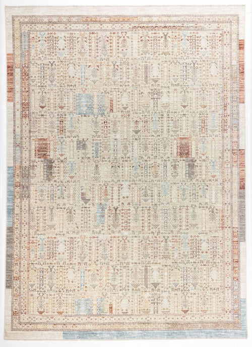 Load image 1 in gallery view. Beige area rug with a distressed, multi-colored geometric tribal pattern and a bordered edge on a white background.