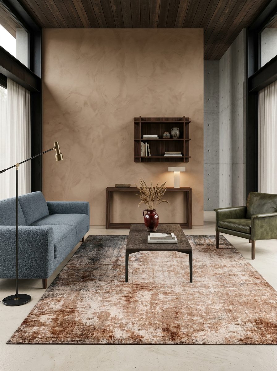 Distressed rust, brown, and charcoal abstract area rug styled in a modern living room.